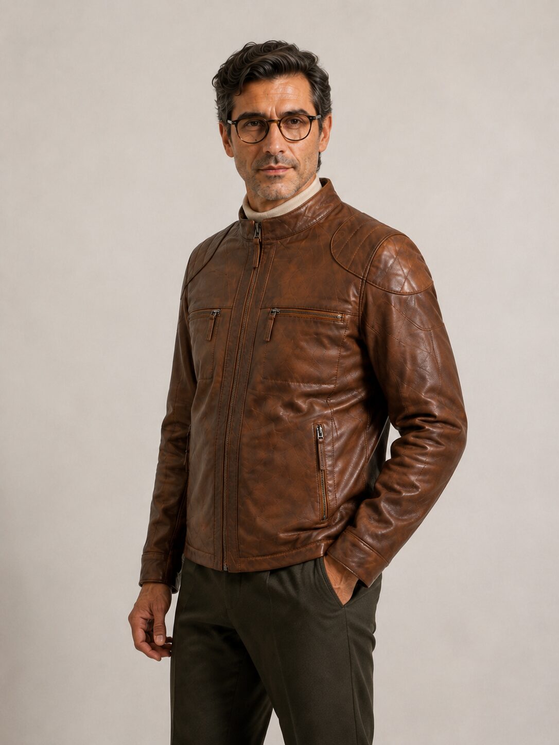 Oxford brown leather jacket by Tifrano, men's three-quarter view