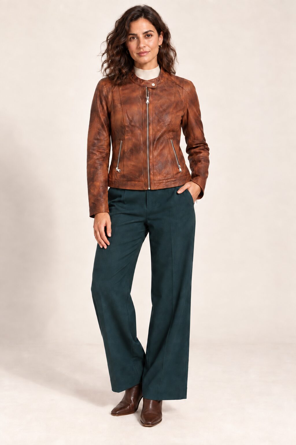Woman wearing the Tifrano Perugia walnut brown leather jacket – full body front view
