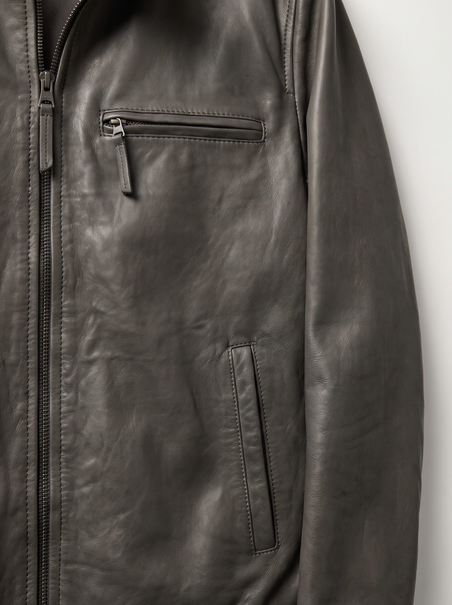 Close-up detail of the Quebec olive green distressed leather jacket