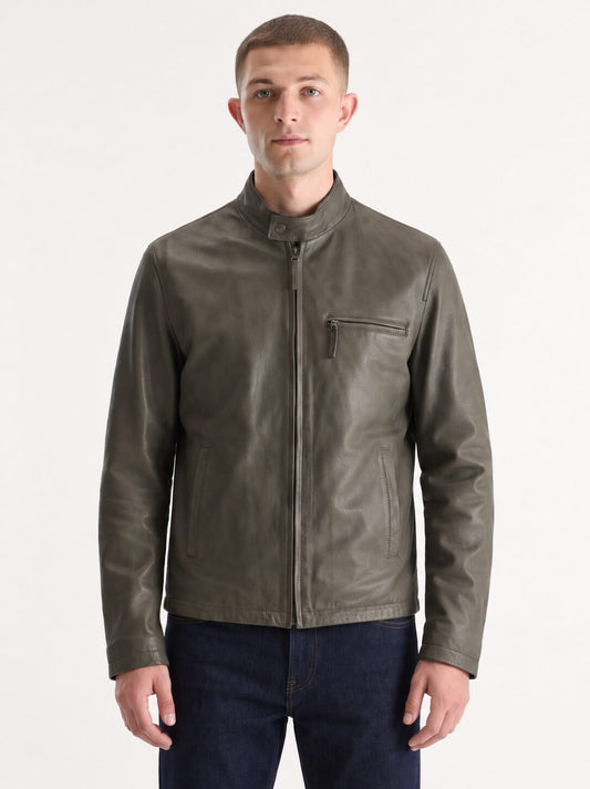 Man wearing the Quebec olive green distressed leather jacket, alternate full-body view