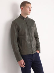 Man wearing the Quebec olive green distressed leather jacket, three-quarter view