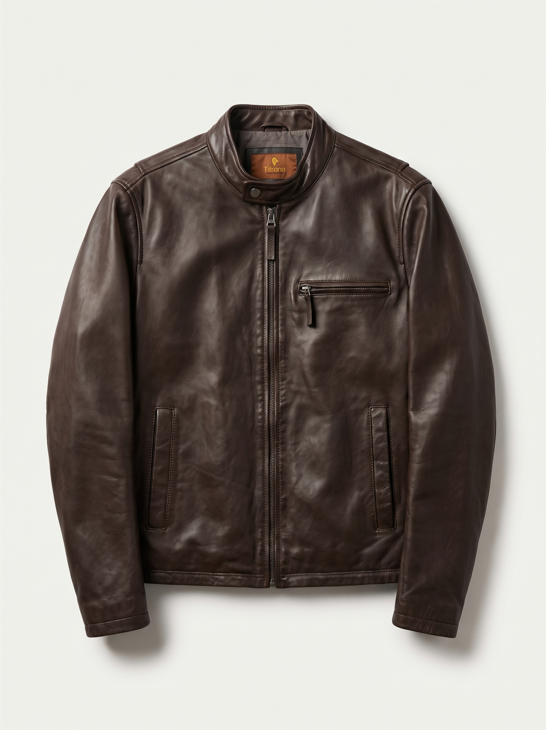 A dark brown leather jacket with a stand-up collar, front zipper, and zippered chest pocket, displayed flat against a light gray background.