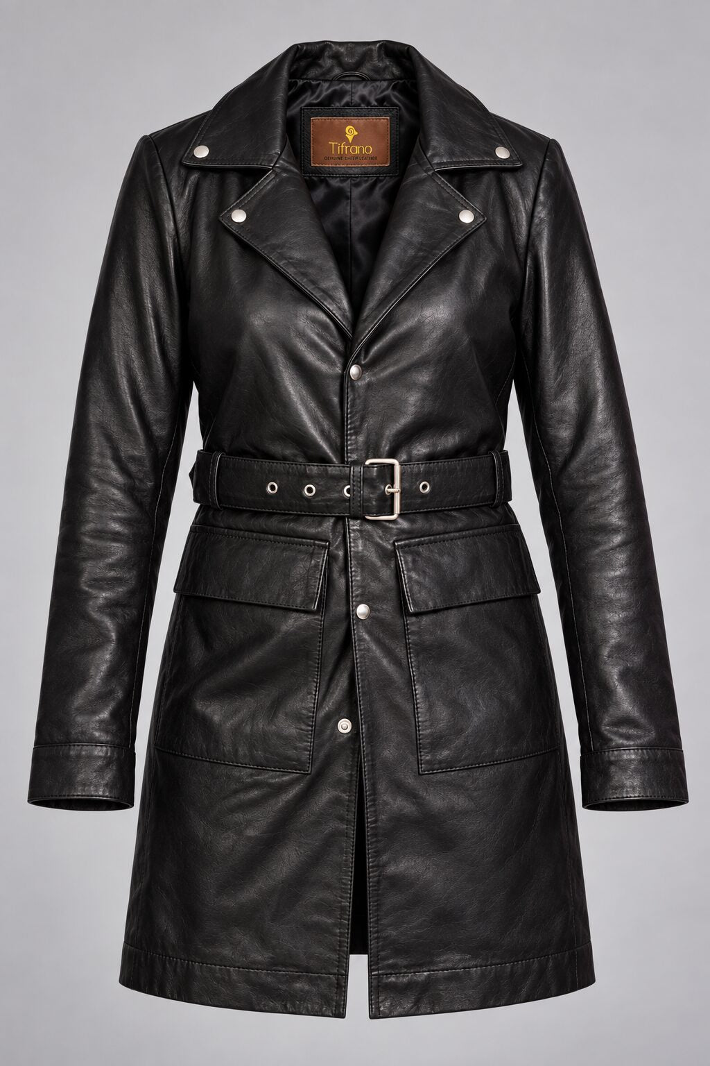 Ushuaia black leather coat for women, product-only front view
