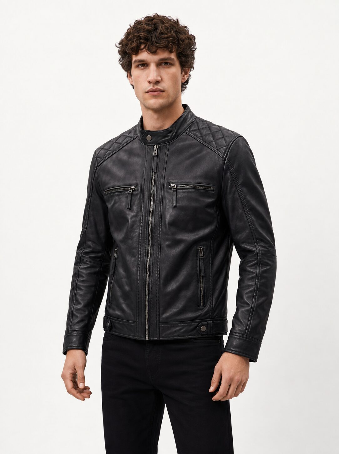 Man wearing the Viena black leather racer jacket, alternate full-body view