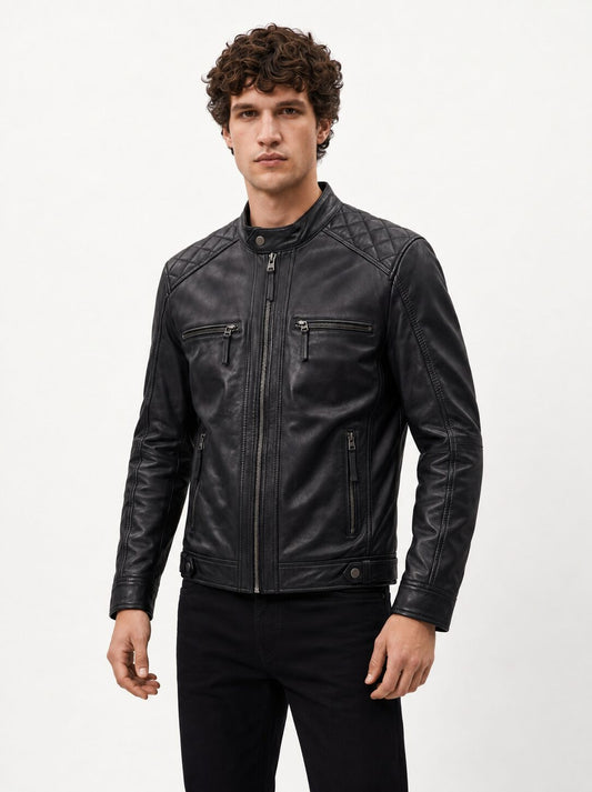 Man wearing the Viena black leather racer jacket, alternate full-body view