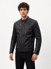 Man wearing the Viena black leather racer jacket, alternate full-body view