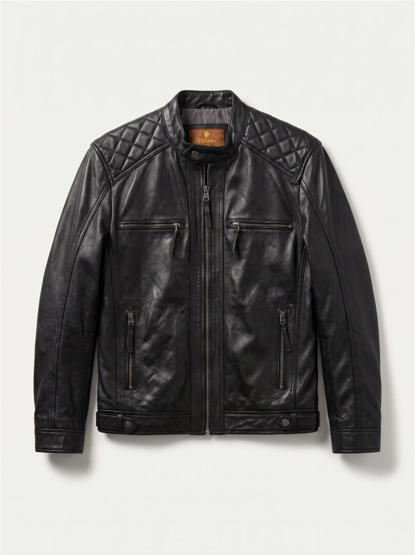 Viena black leather racer jacket for men, product-only front view