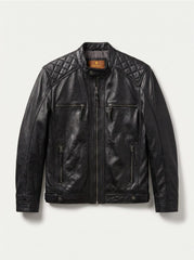 Viena black leather racer jacket for men, product-only front view