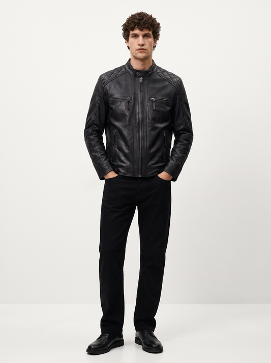Viena black leather jacket for men, worn by a male model, front view | Tifrano genuine leather