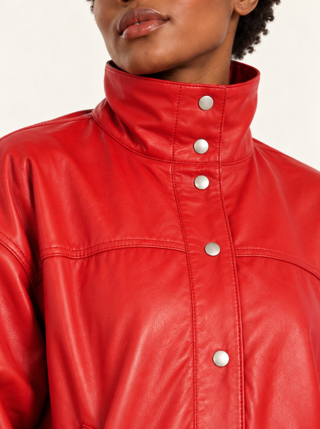 Vulkan red leather jacket with puff sleeves for women, back view