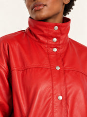 Vulkan red leather jacket with puff sleeves for women, back view