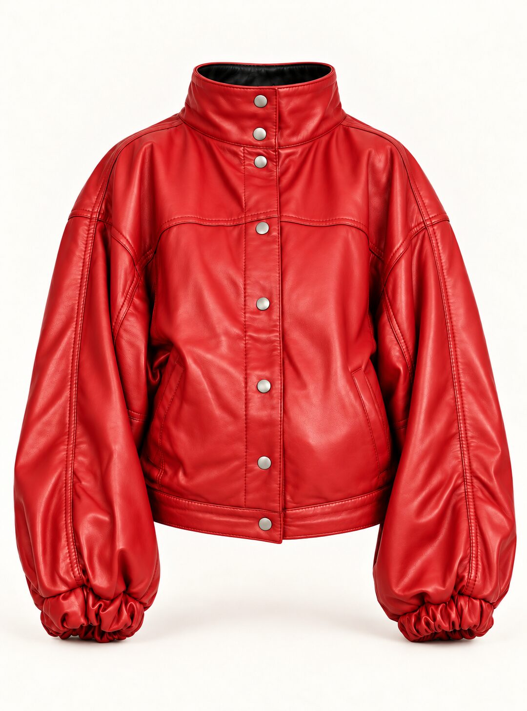 Vulkan red leather jacket with puff sleeves for women, product-only front view
