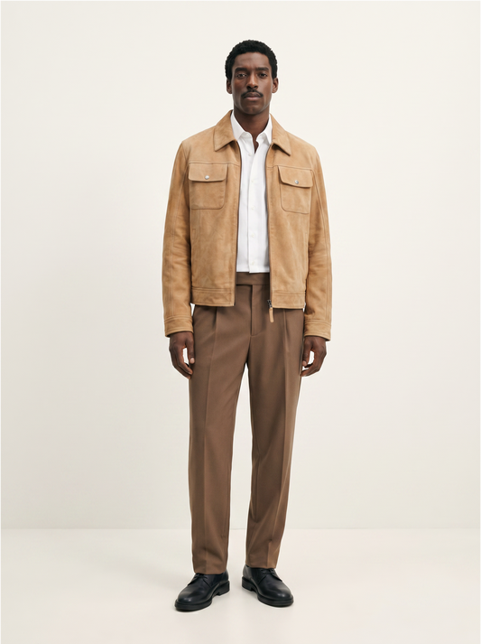 Man wearing Tifrano Yerevan sand goat suede jacket — full body styling