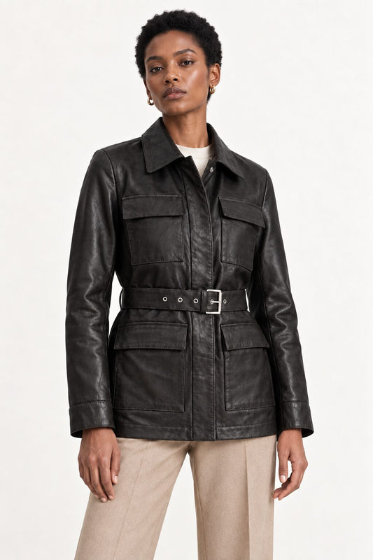 Woman wearing the Belgrado black leather jacket, three-quarter view
