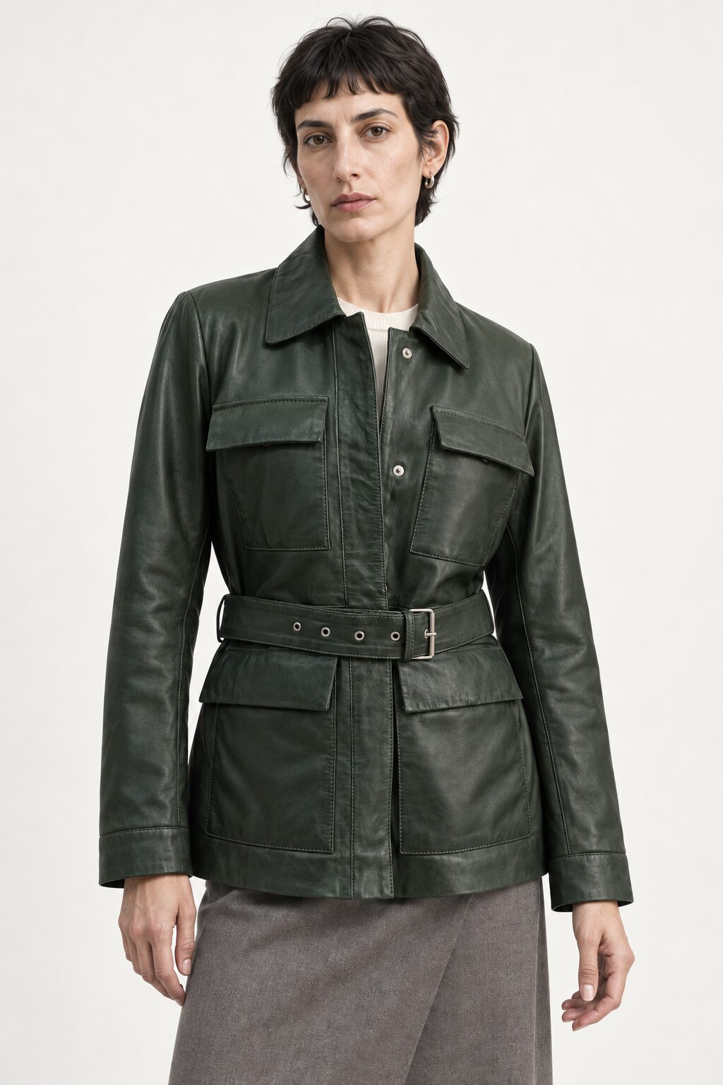 Woman wearing the Sofia forest green leather jacket, three-quarter view