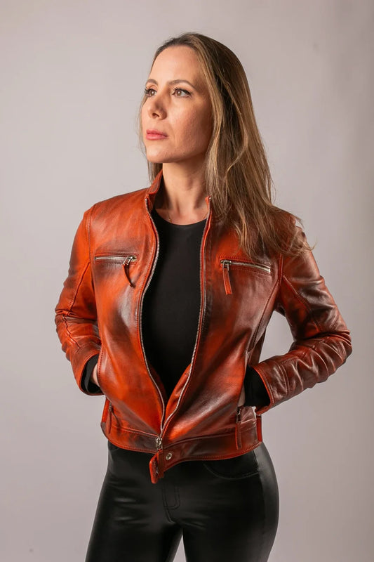 Marrakech tan leather jacket open front view on model, studio shot showing zip detail and slim fit