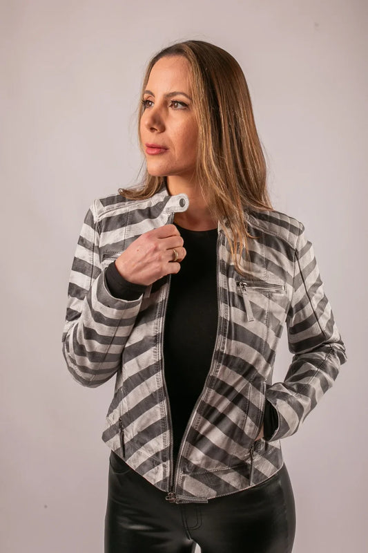 Women's Grey White Striped Leather Jacket Nairobi - Tifrano