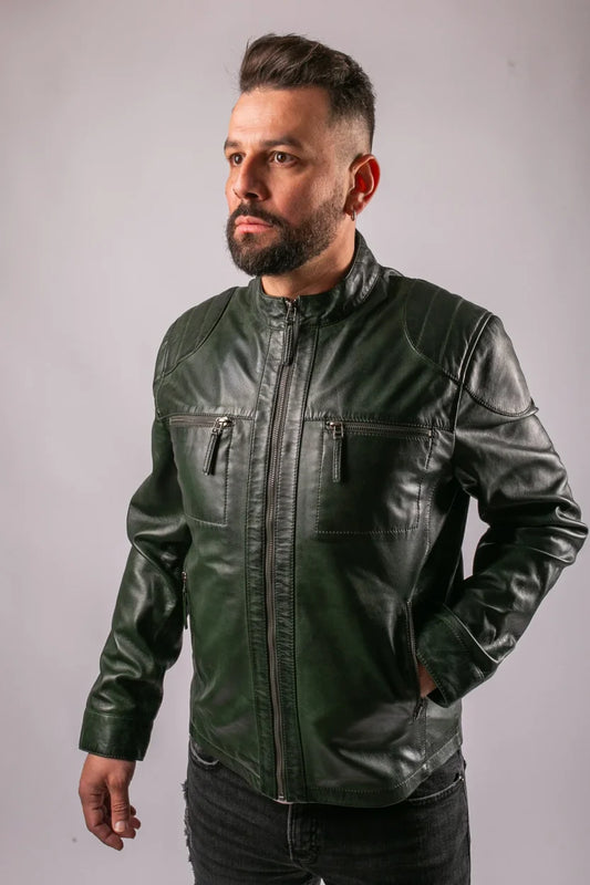 Dublin green leather jacket front three-quarter view on male model with zip chest pockets