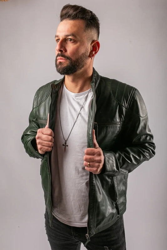 Dublin men's green leather jacket open-front view on male model showing chest and lapel detail