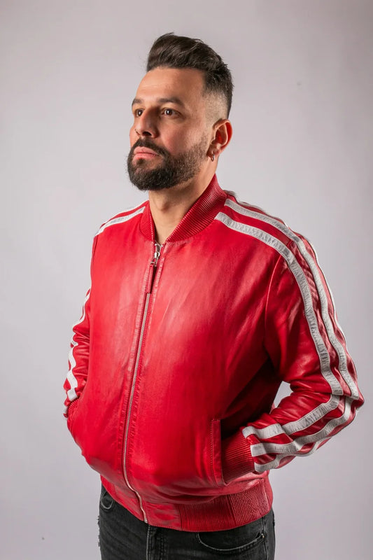 Roma men's red leather bomber jacket studio front view on model, zipped, silver side stripes