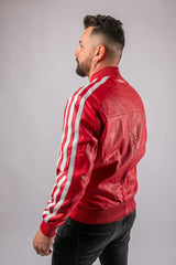 Roma red leather jacket rear view on male model, bomber silhouette with silver side stripes visible