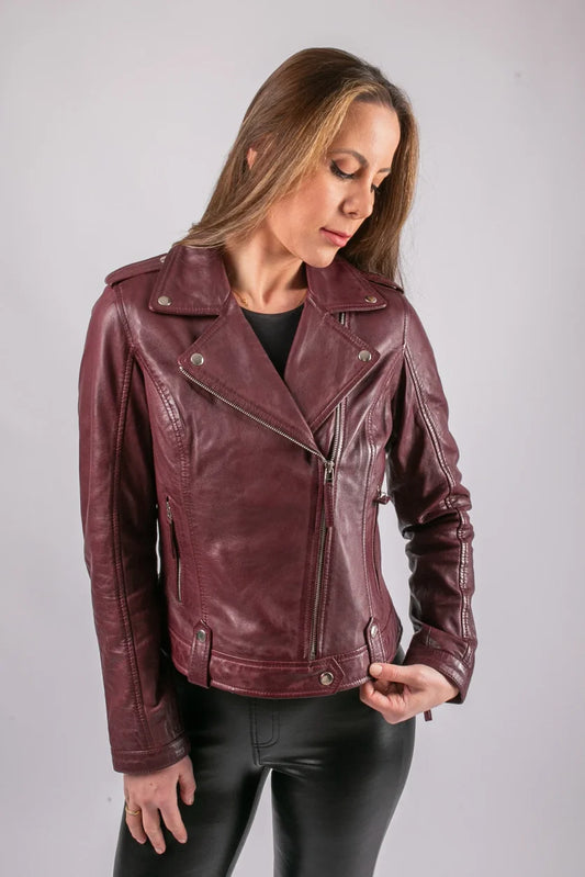 Women's Shiraz burgundy leather jacket front view on female model, asymmetric zip biker style