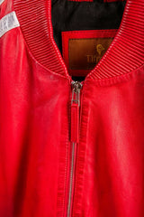 Roma red leather jacket close-up of ribbed bomber collar and Tifrano branded label, front zip detail