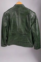 Dublin green leather jacket back flat lay on hanger showing seam construction and panel detail
