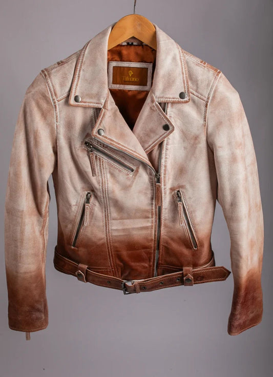 Women's Gradient Ombre Biker Leather Jacket London White Brown - Tifrano