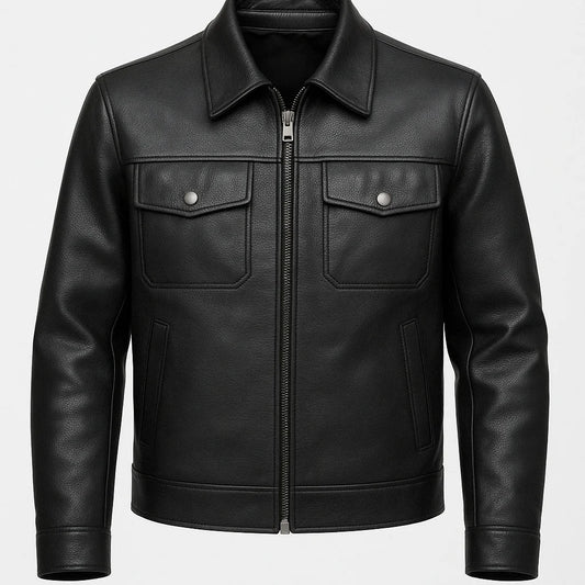 Men's Black Leather Trucker Jacket Budapest with Chest Pockets - Tifrano