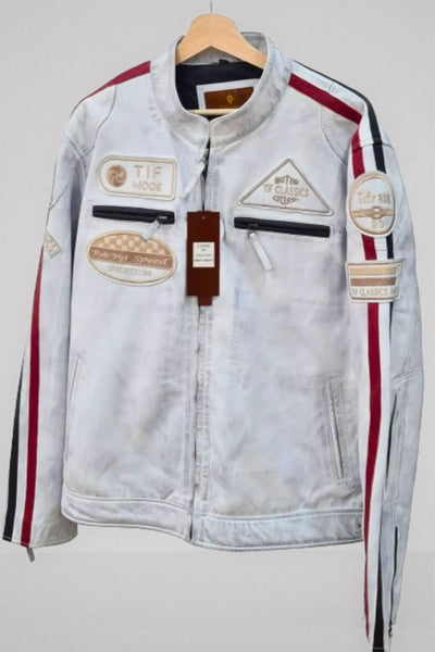 Casaco de Couro Branco Vintage para Homem