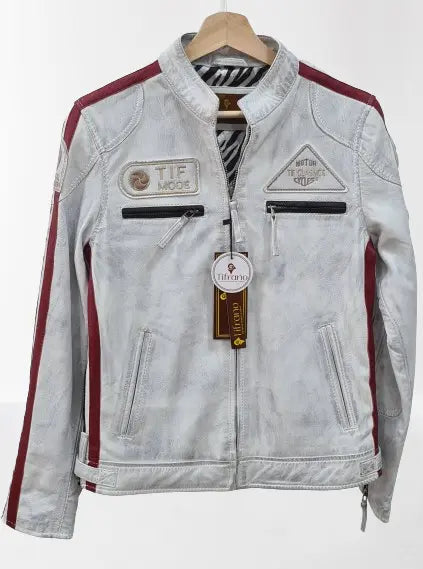 Veste Biker Cuir Blanc Usé Femme