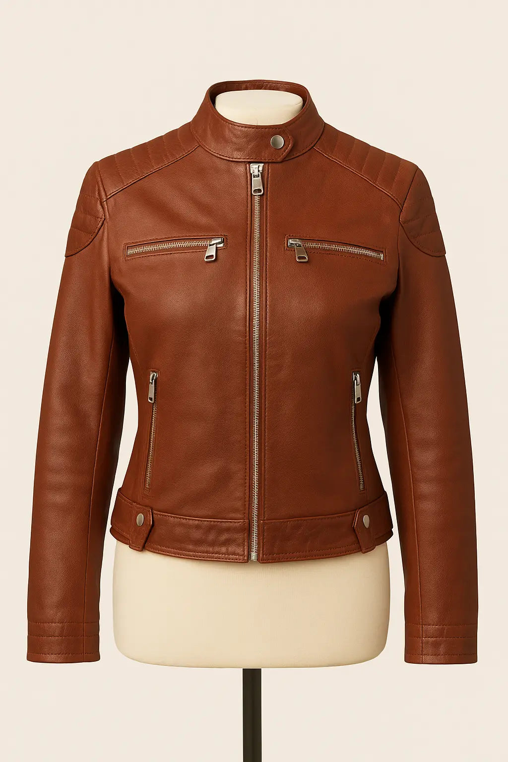 Brown lyon leather jacket on a mannequin against a beige background