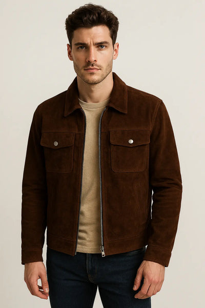 Tbilisi Brown Suede Trucker Jacket for Men | Tifrano