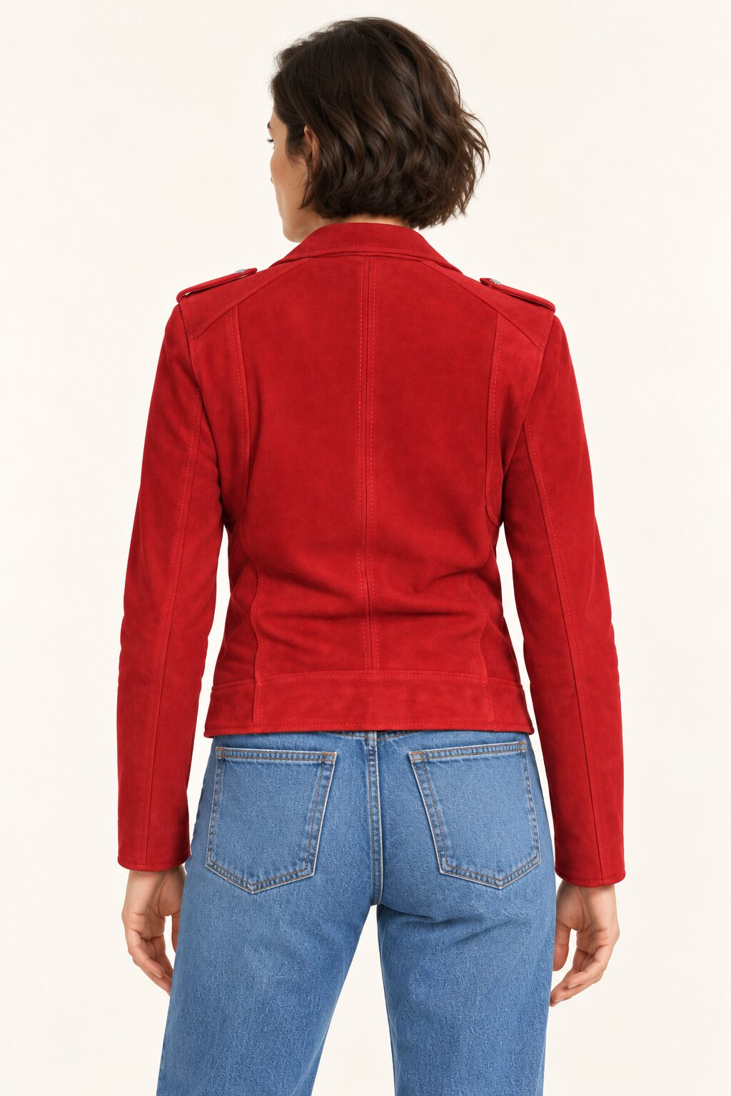 Aphrodite red suede biker jacket for women, back view