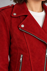 Close-up detail of the Aphrodite red suede biker jacket
