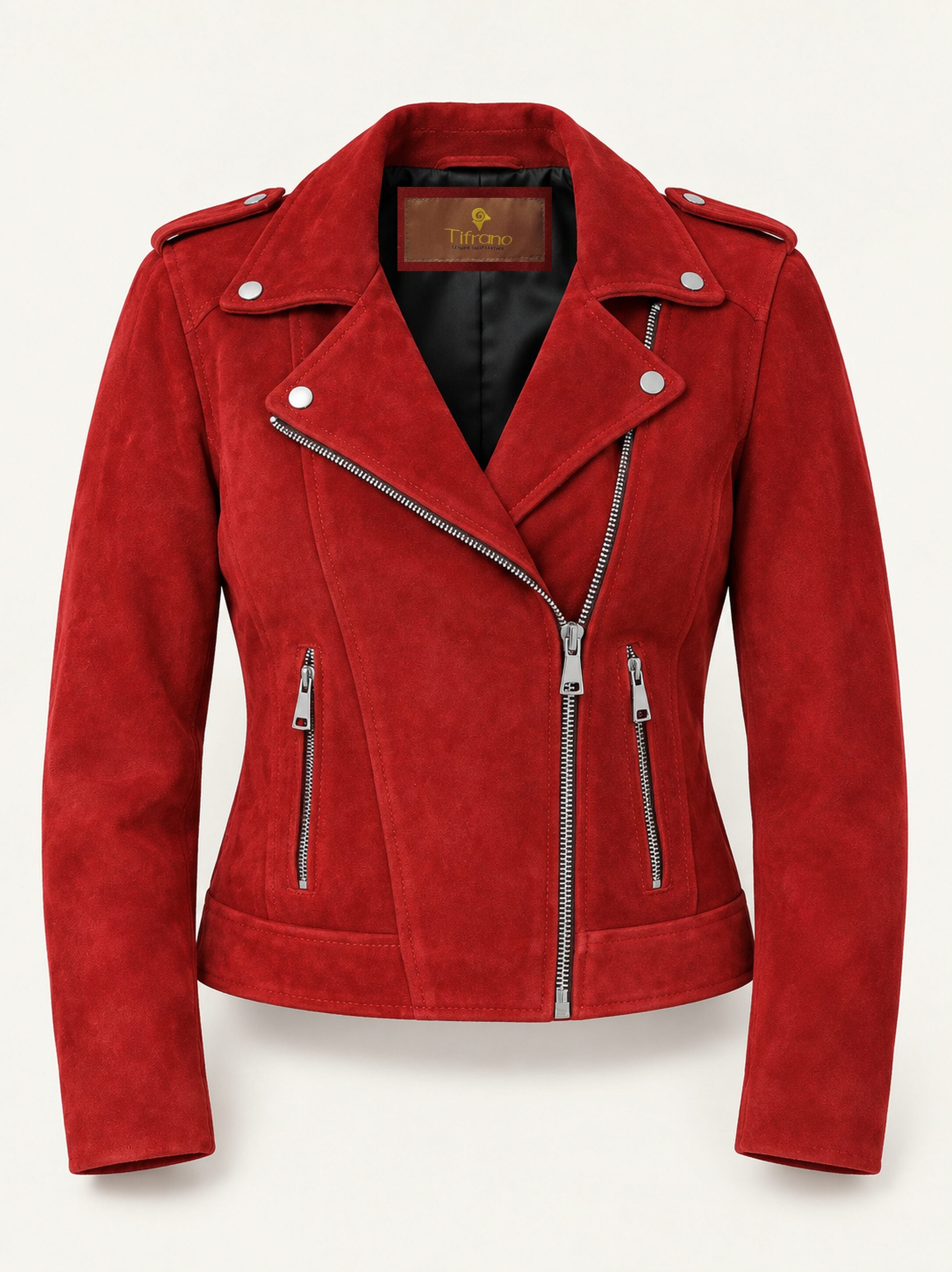 Aphrodite red suede biker jacket for women, product-only front view