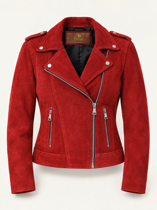Aphrodite red suede biker jacket for women, product-only front view