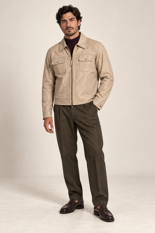 Men wearing the Tifrano Baku cream leather jacket – full body front view