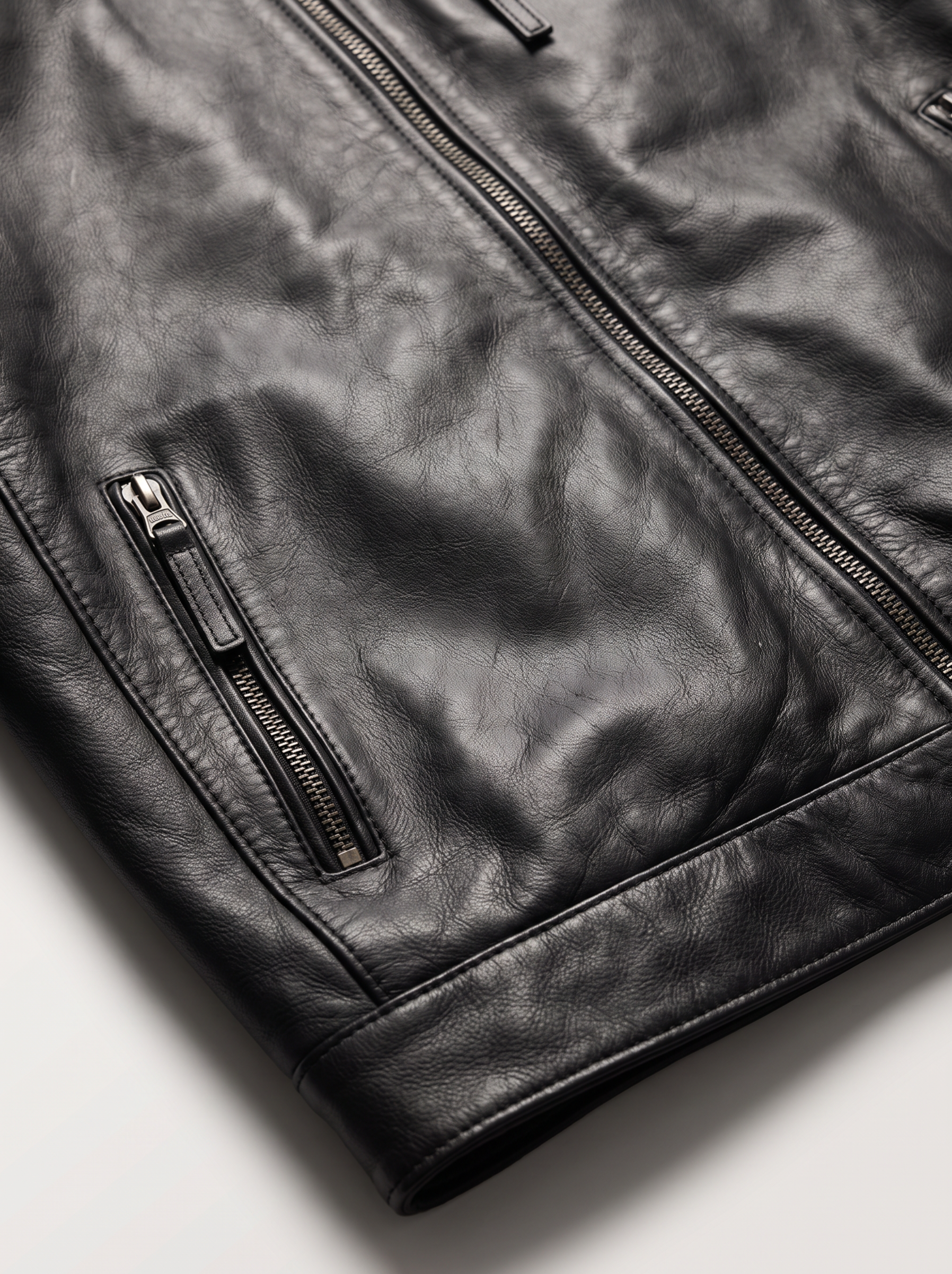 Close-up of a black leather jacket showing the texture of the leather, a zippered pocket, and a main zipper on a light gray background.