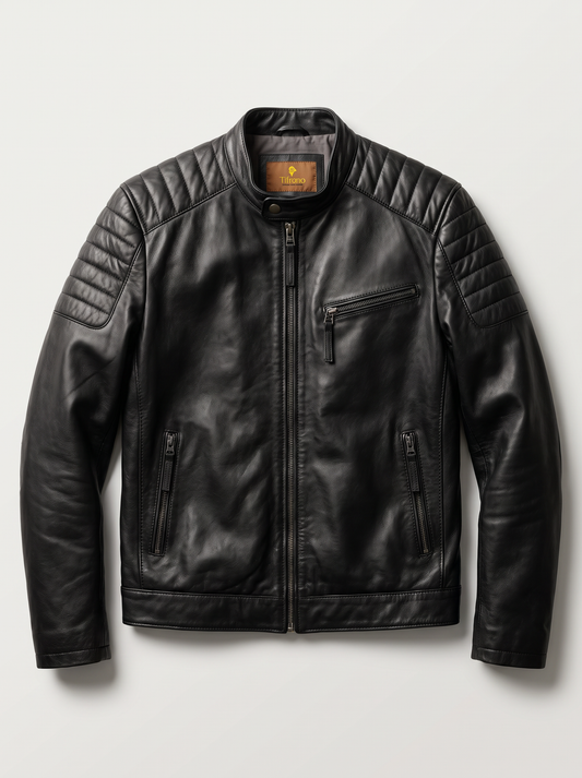 A black leather biker jacket with quilted shoulder panels, a zippered chest pocket, and zippered hand pockets, displayed flat against a light gray background.