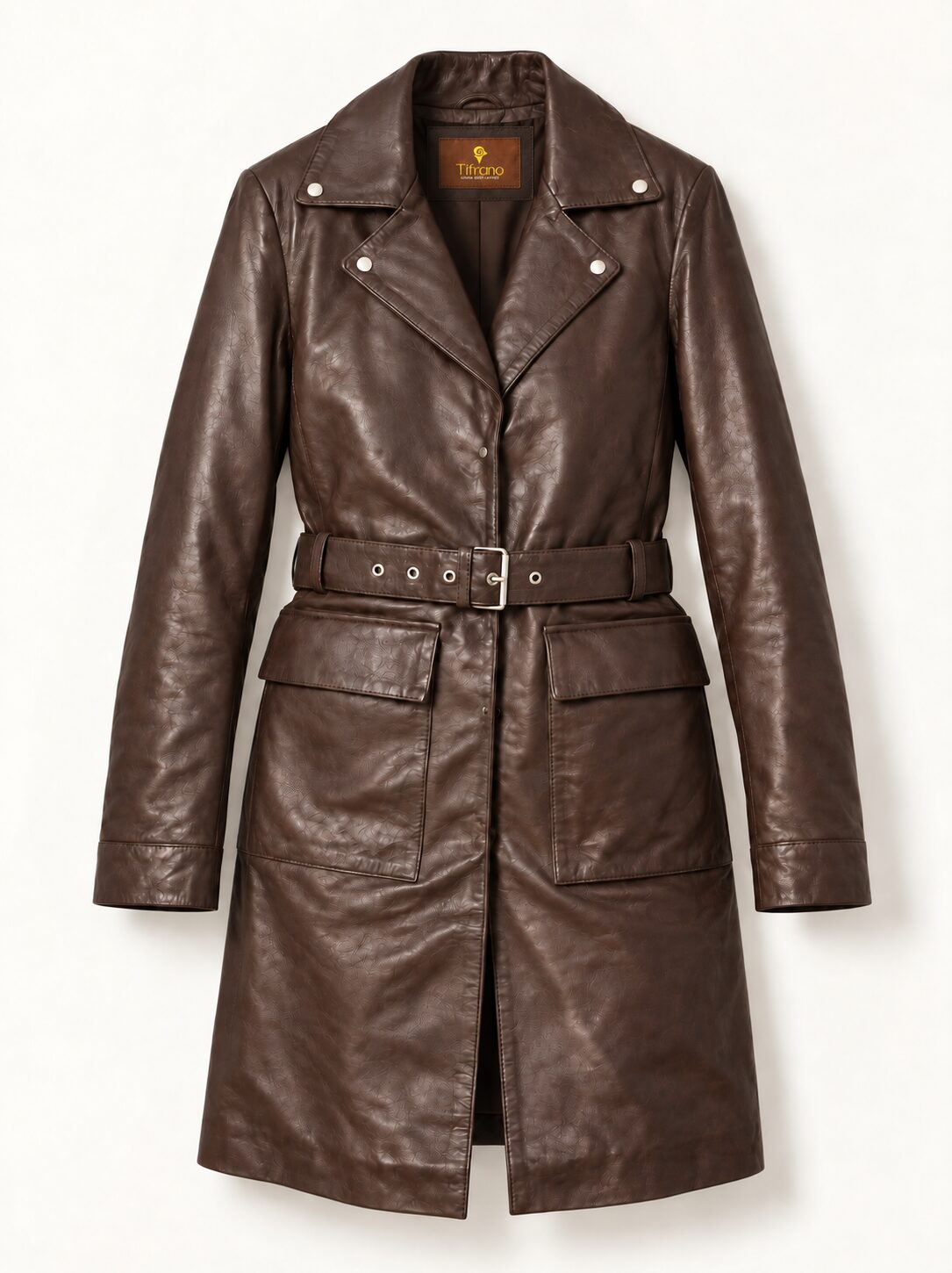 Bariloche dark brown leather coat for women, product-only front view