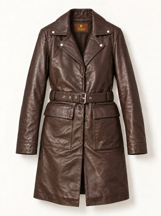 Bariloche dark brown leather coat for women, product-only front view