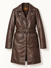 Bariloche dark brown leather coat for women, product-only front view