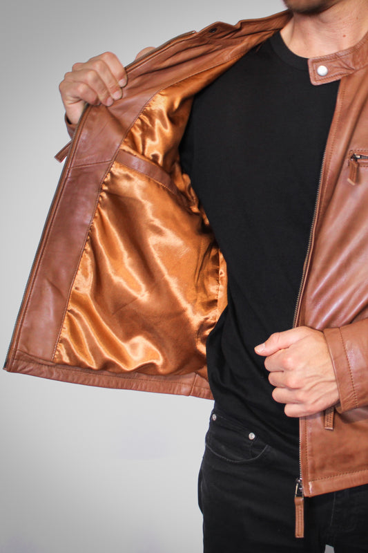 Texas cognac leather racer jacket for men