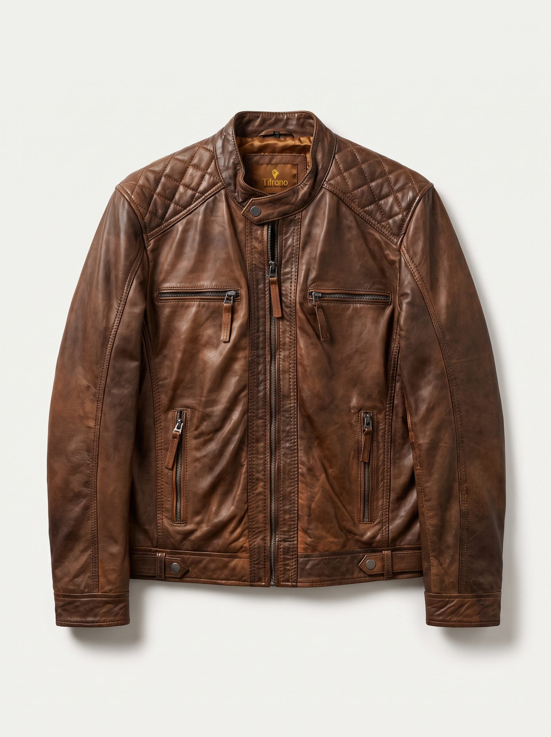 Brujas cognac leather racer jacket for men, product-only front view