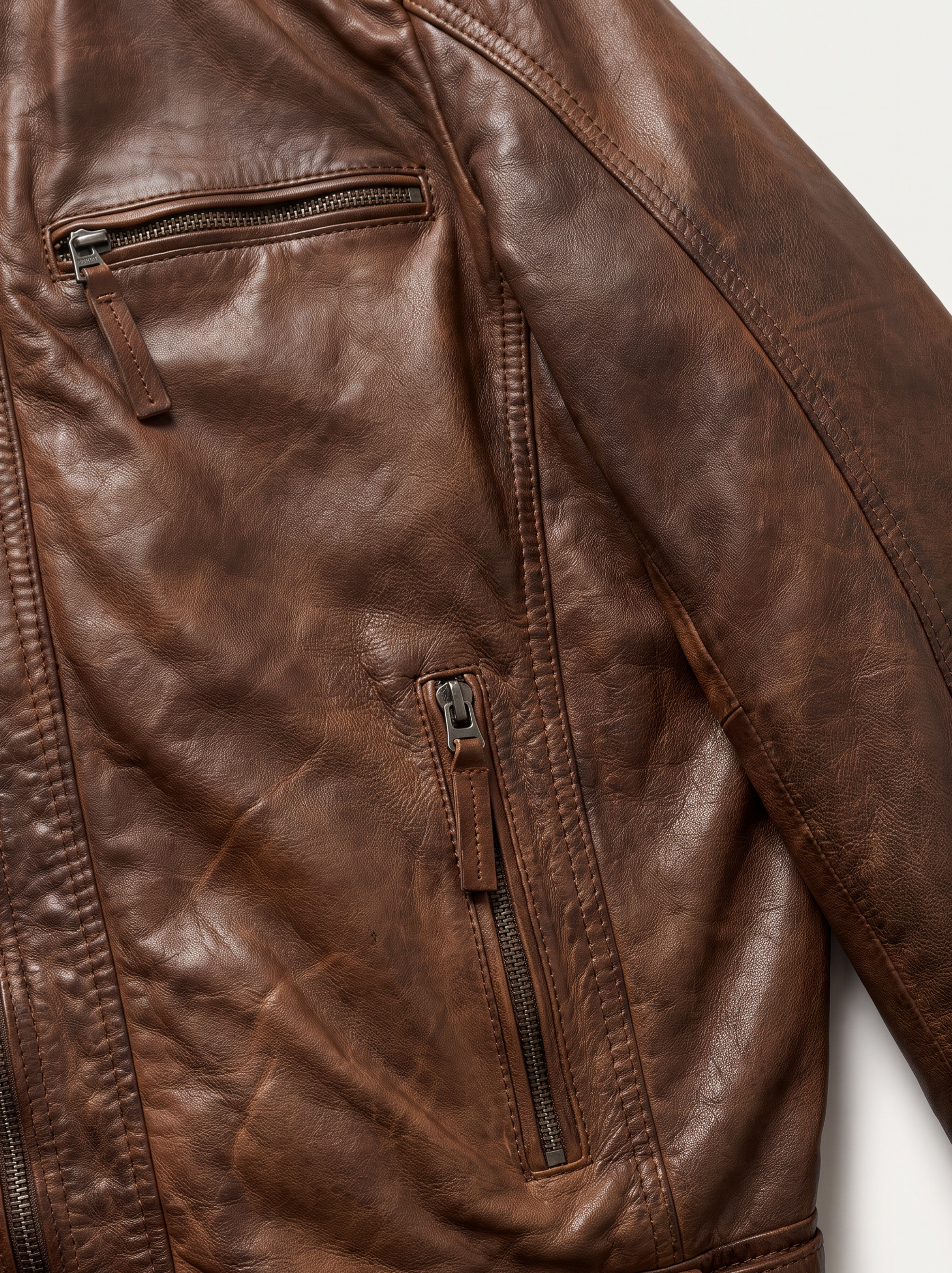 Brujas brown leather jacket for men, leather texture close-up detail | Tifrano genuine leather