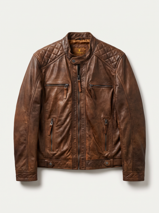 Brujas brown leather jacket for men, product front view | Tifrano genuine leather