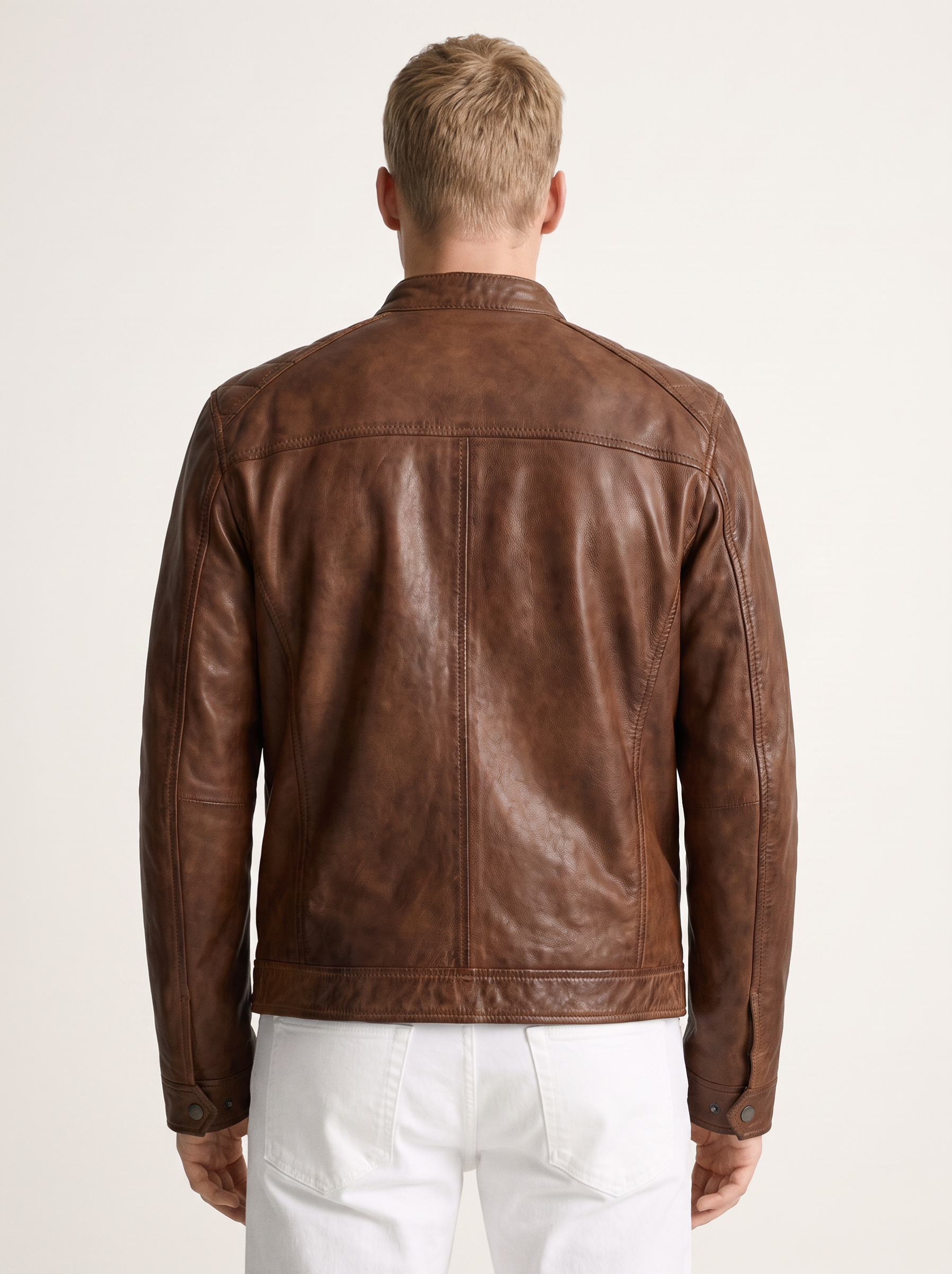 Brujas brown leather jacket for men, worn by a male model, back view | Tifrano genuine leather
