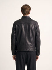 Budapest black leather trucker jacket for men, back view